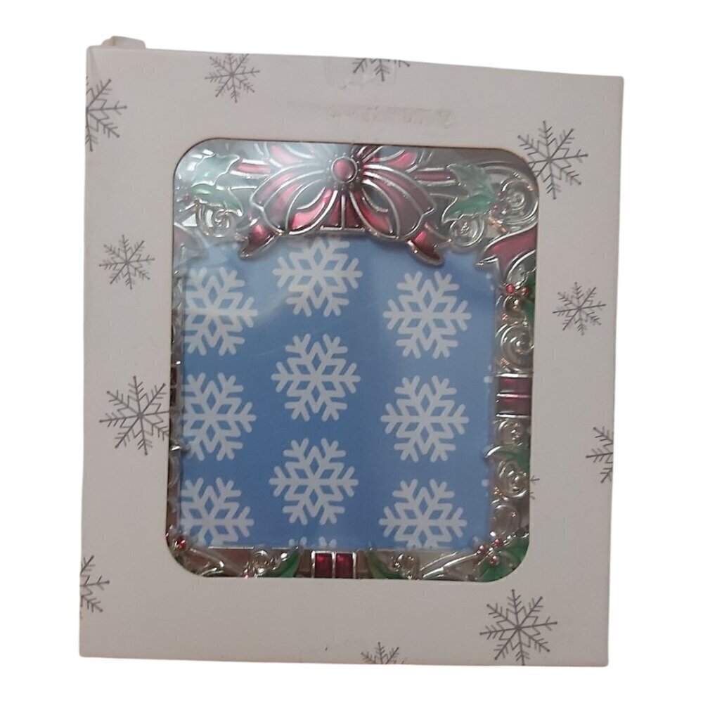 Square Christmas Tree Ornament with Painted Red Ribbon Frame & Bow–Photo Insert